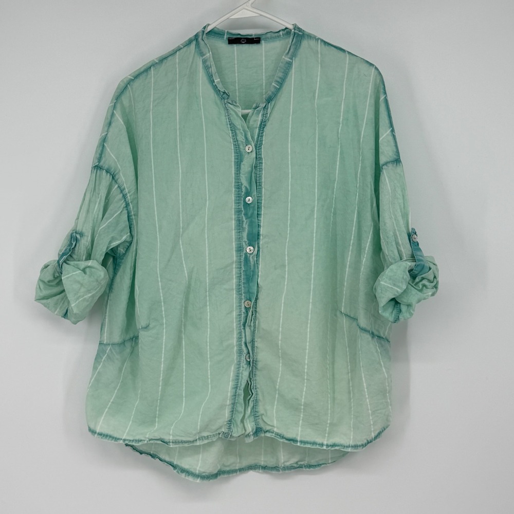 Italian Cotton Mint Green‎ Roll Tab Stripe Button Front Top Lagenlook Artsy